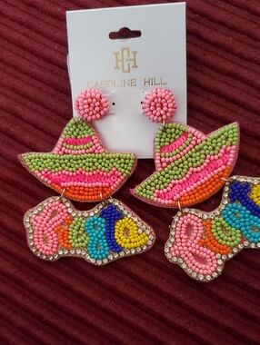 Caroline Hill Beaded Floral Let's Fiesta Statement Earrings  Pink Green Orange